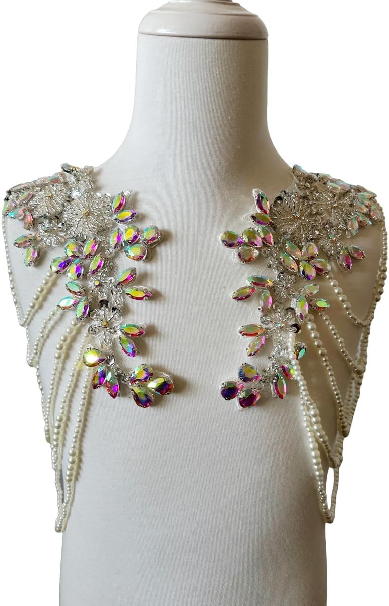 wtbvn 1 Pair Beaded Rhinestones Applique Embellishment for Clothes Epaulettes Shoulder Patches Sew-on Diamond Sequin Tassels Applique for Wedding Dress DIY Accessories 9.8X10.2inches (Clear AB) - Image 2